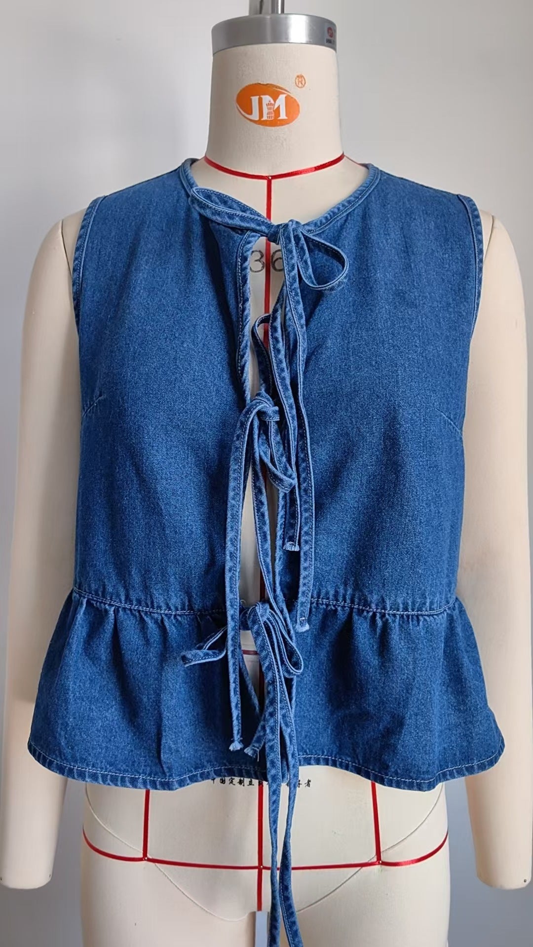 Summer Ruffles Lace up Denim Waistcoat Vest Top Set Women