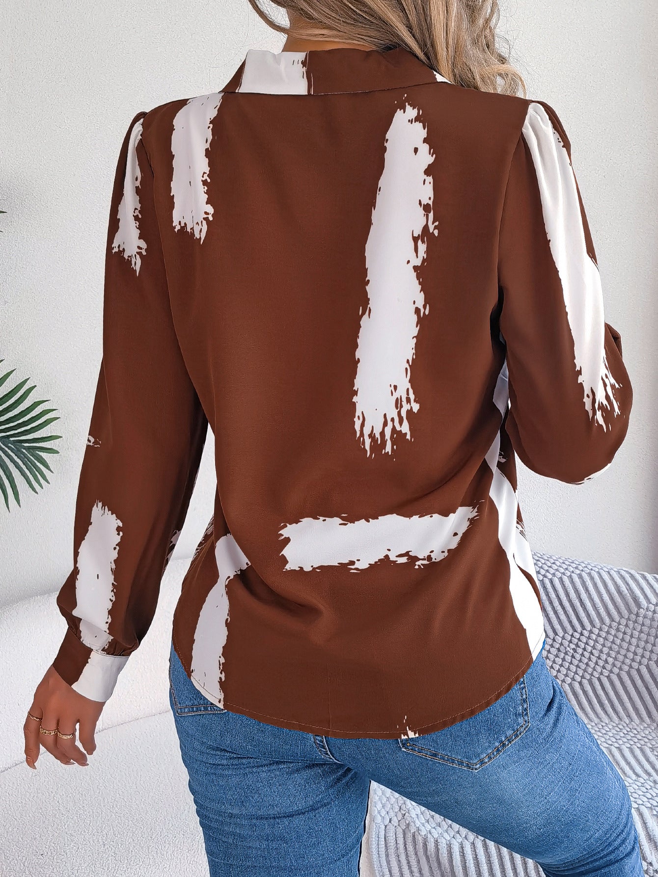 Autumn Winter Contrast Color Striped Collar Long Sleeve Shirt Women Clothing
