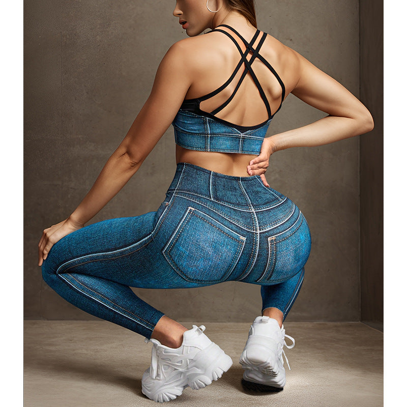 Running Fitness Sports Tight Denim Blue Bra Strap Chest Pad Vest Women Seamless High Waist Yoga Set