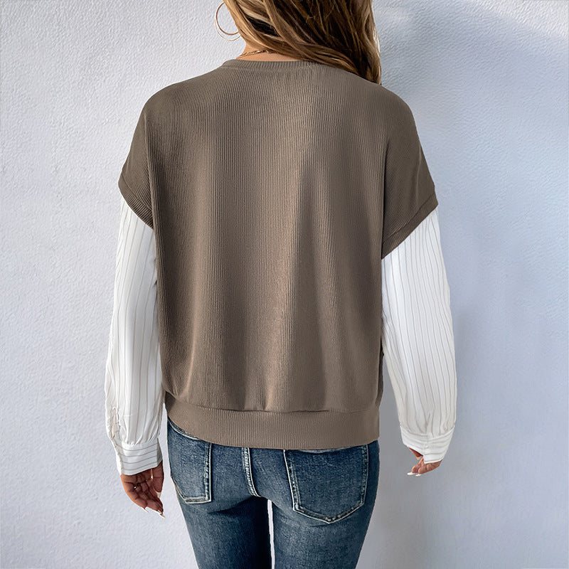 Autumn Casual Long Sleeve Faux Two Piece Color Matching Knitted round Neck Sweatshirt