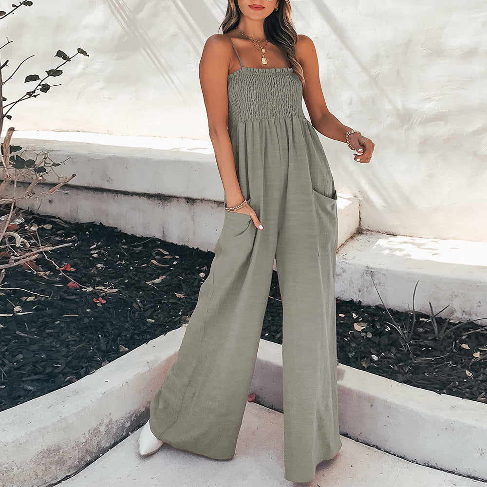 Women Clothing Solid Color Sling Pleating Casual Office High Waist Jumpsuit