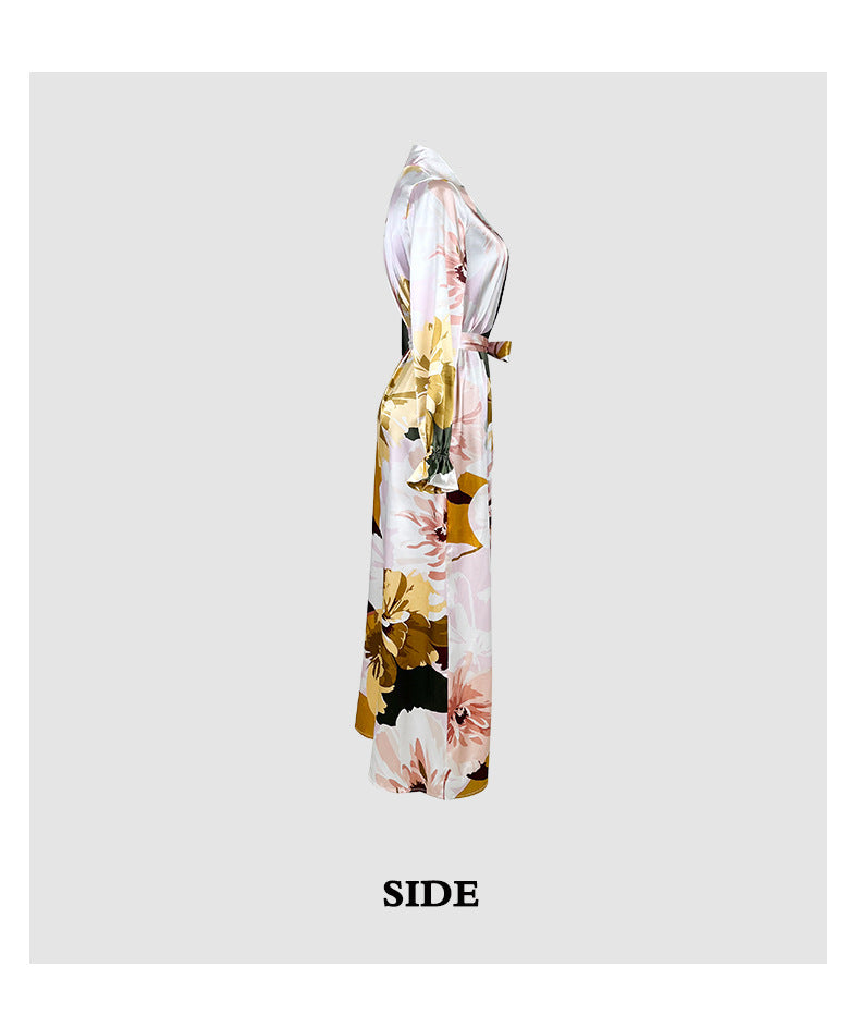 Sexy Long Pajamas Women Long Sleeve Women Bathrobe Comfortable Satin Printed Nightgown Home Wear