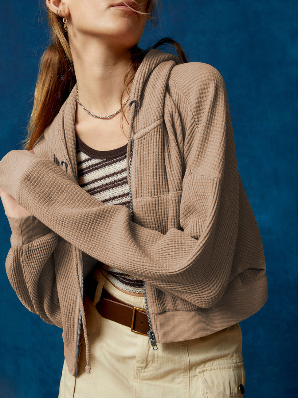 Autumn Casual Sweatshirt Women Slimming Hooded Zip Cardigan Waffle Solid Color Short Coat