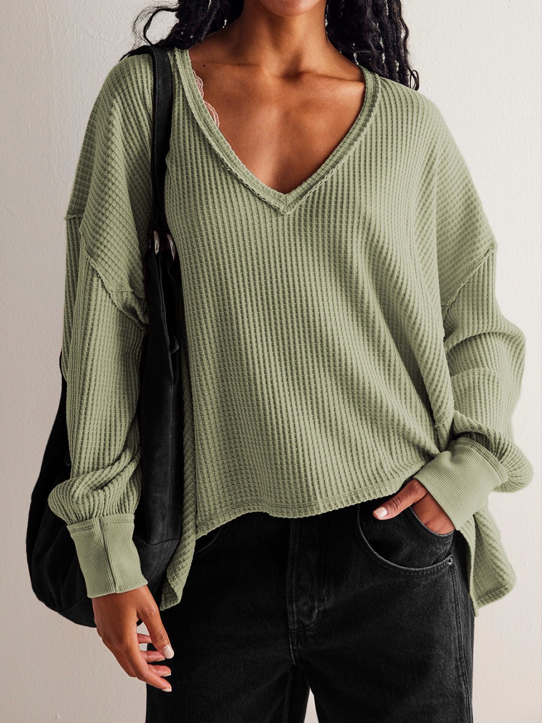 V neck Brand Casual Waffle off the Shoulder Sleeves Sweater Sports Idle Loose Autumn Winter Coat