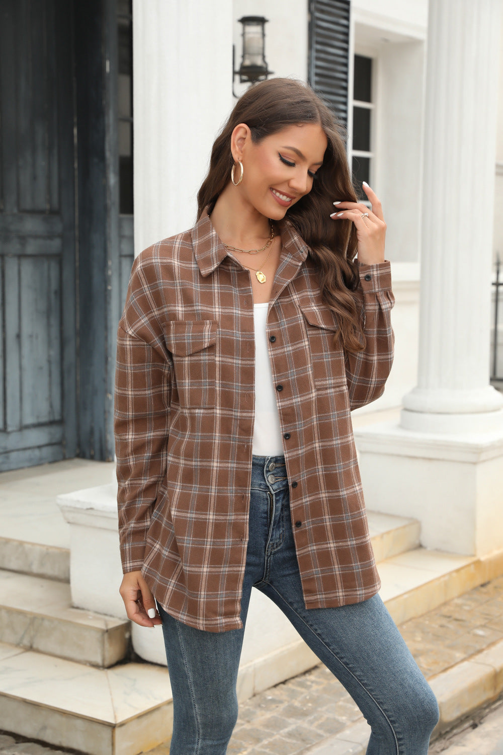Women Long Sleeved Plaid Button Shirt Full Color Uniform Size Jacket