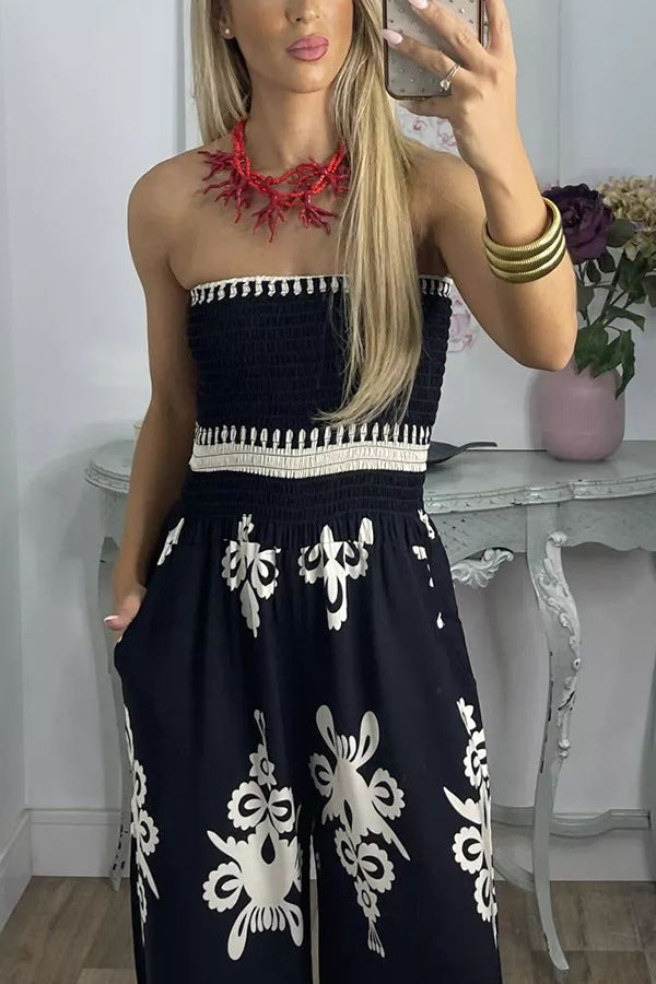 Street Hipster Wrapped Chest Printed Jumpsuit High Waist Casual Pants Women