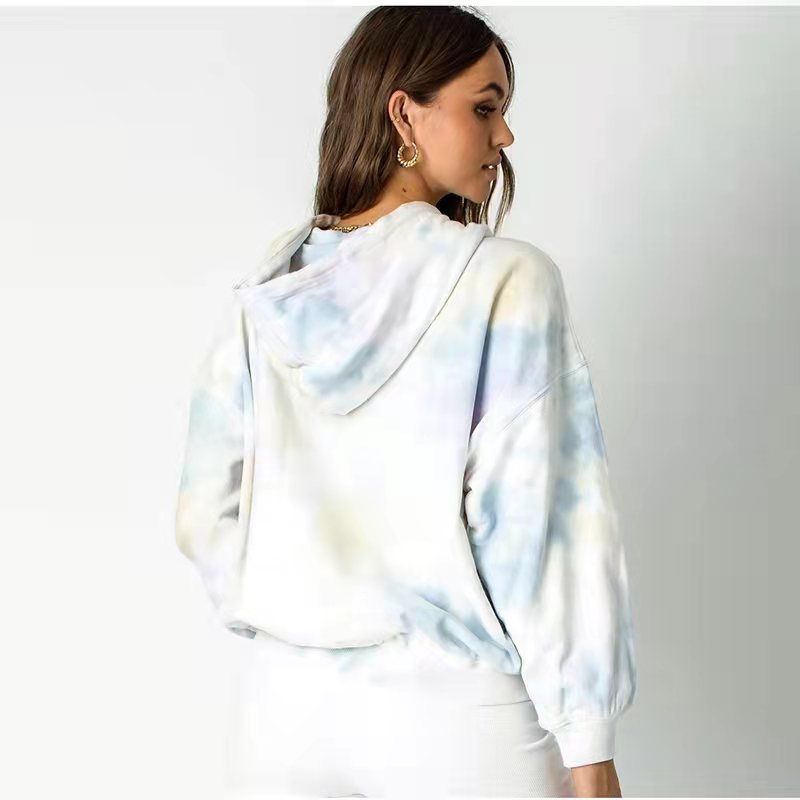 Autumn Winter Tie-Dye Loose Hooded Drawstring Women Clothing Urban Casual Long Sleeves