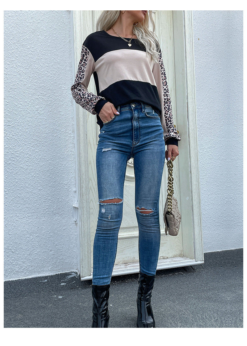 Autumn Loose Casual Top Leopard Print Stitching Long Sleeve T Women Sweatshirt