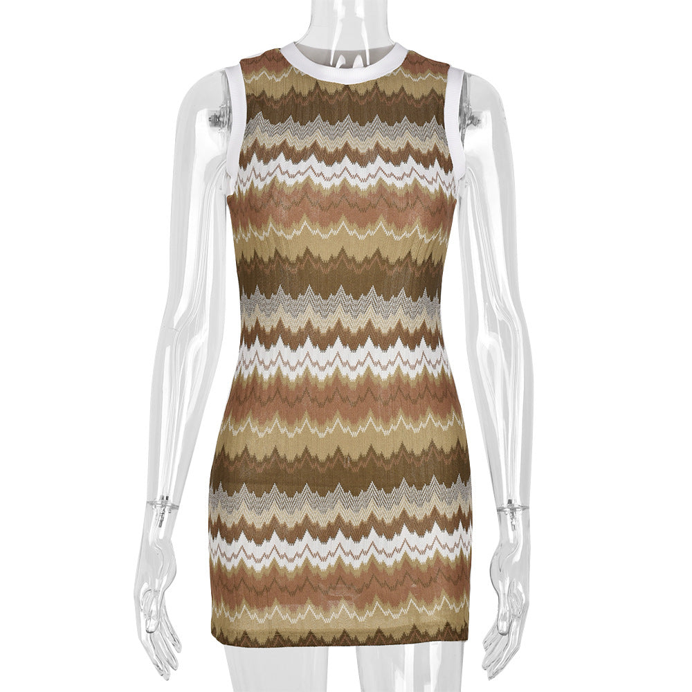 Women Clothing Spring Pattern Print round Neck Contrast Color Sexy Dress