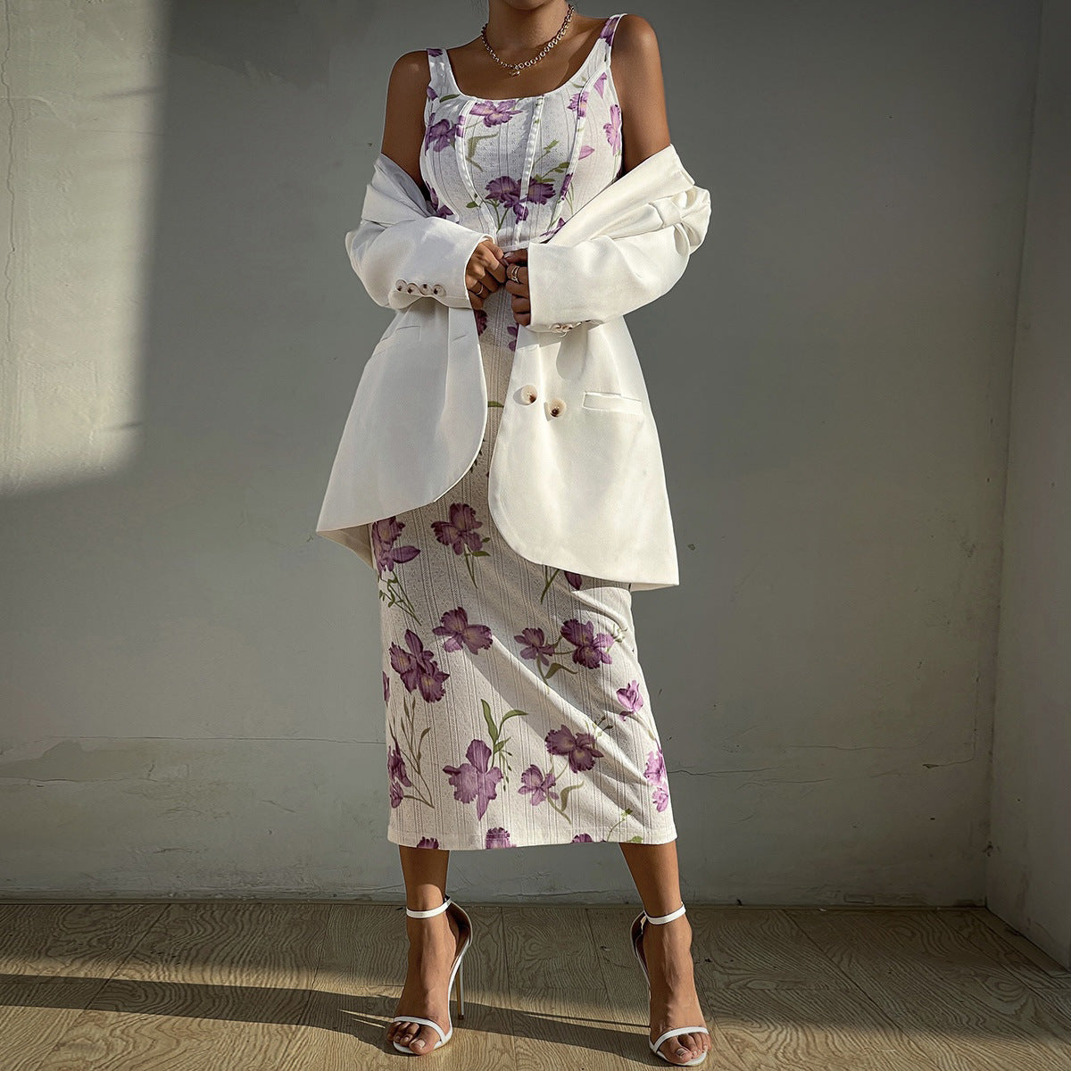 Women Sexy Spaghetti-Strap Floral Print Vest Slim Fit Sheath Skirt Set Women