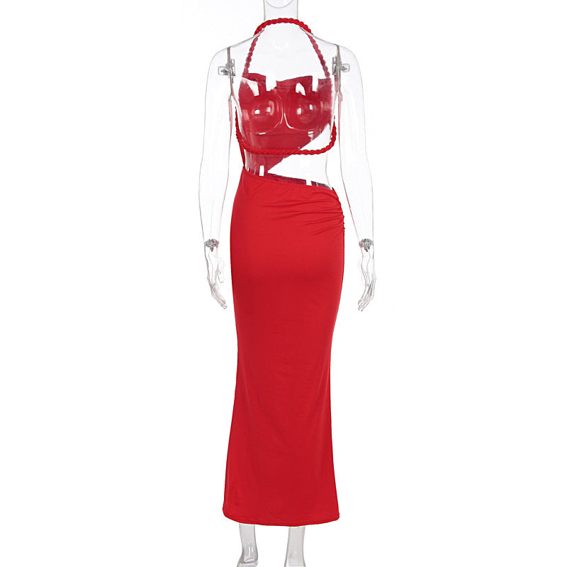 Women Clothing Summer Sexy Braid Rope Halter Cut out Slim Sleeveless Dress