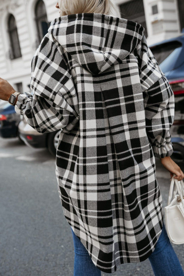 Women Clothing Autumn Hooded Plaid Coat Loose Casual