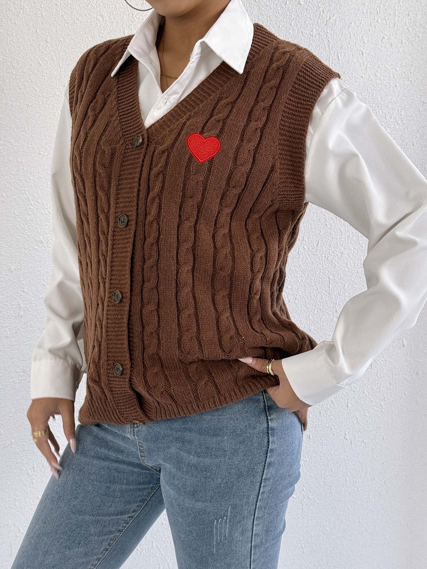 Women Knitted Cardigan Autumn Winter Casual Outerwear Vest Twist Woven Sweater Three Dimensional Floral Stitching Vest