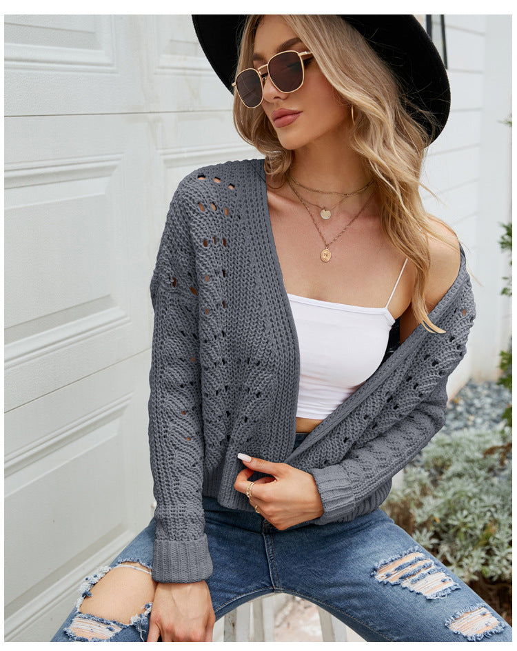 Short Autumn Winter Top Long Sleeves Outer Match Knitwear Wild Solid Color Hollow Out Cutout out Sweater Cardigan