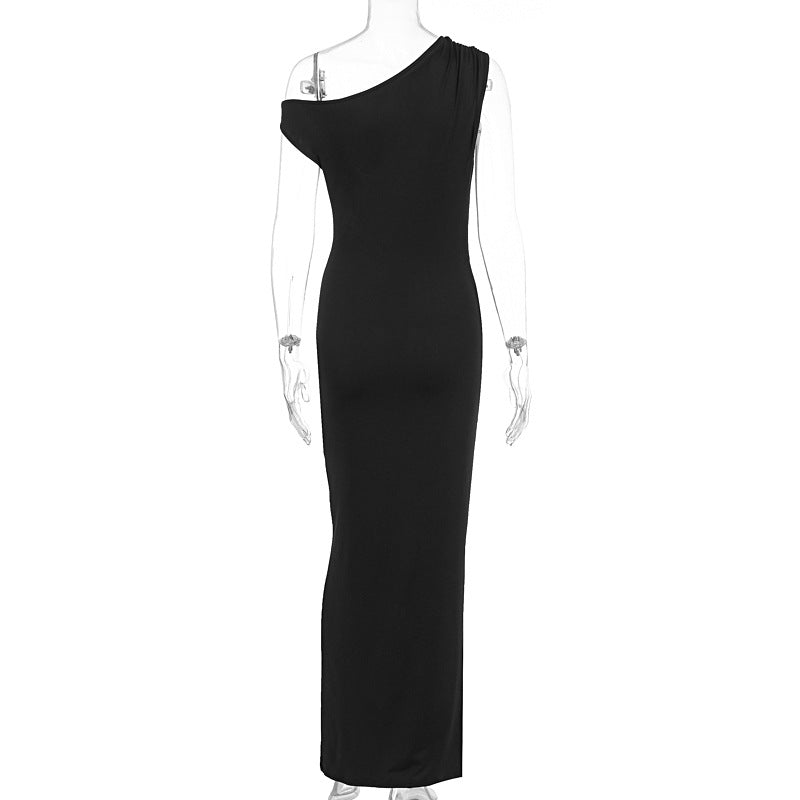 Summer Women Clothing Simple Intellectual Slant Shoulder Tight High Waist Pleated Split Dress