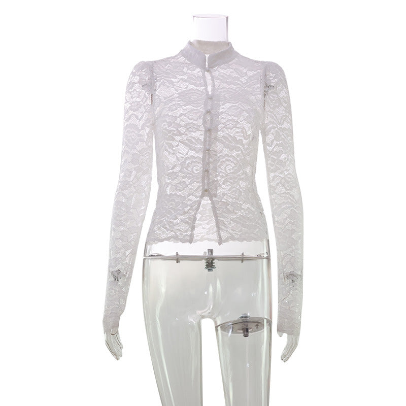 Women Clothing Western French Lace Cheongsam Button Collar Slim Fit Slightly Transparent Lady Socialite Long Sleeved Top Base