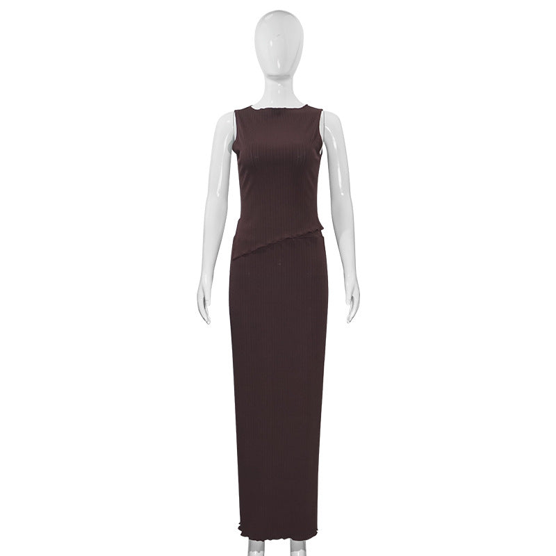 Summer Solid Color round Neck Unrepaired Irregular Asymmetric Top High Waist Dress Slim Fit Two Piece Sets