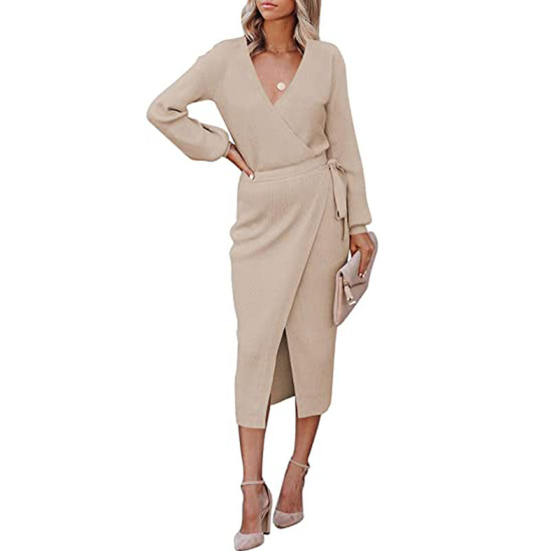 Autumn Winter Women Clothing Maxi Dress Elegant Graceful V-neck Knitted Dress