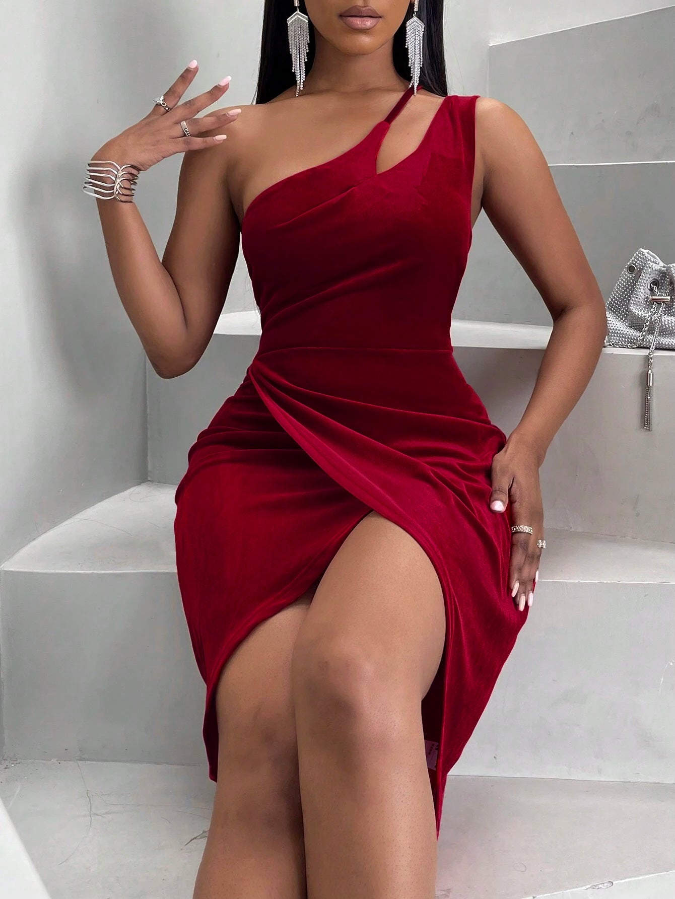 Sexy Sexy Velvet Slim Fit Slimming Sense of Design One Shoulder Hip Dress
