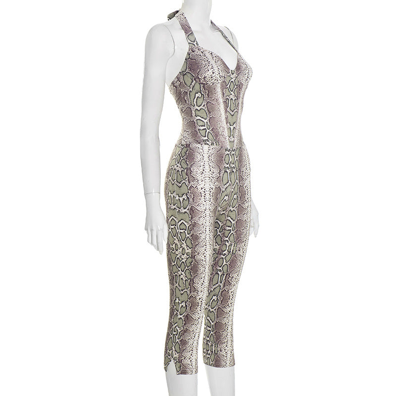 Women Clothing Autumn Winter Elegant Sexy Sleeveless Snake Print Sling Slim Fit Long Conjoined Trousers