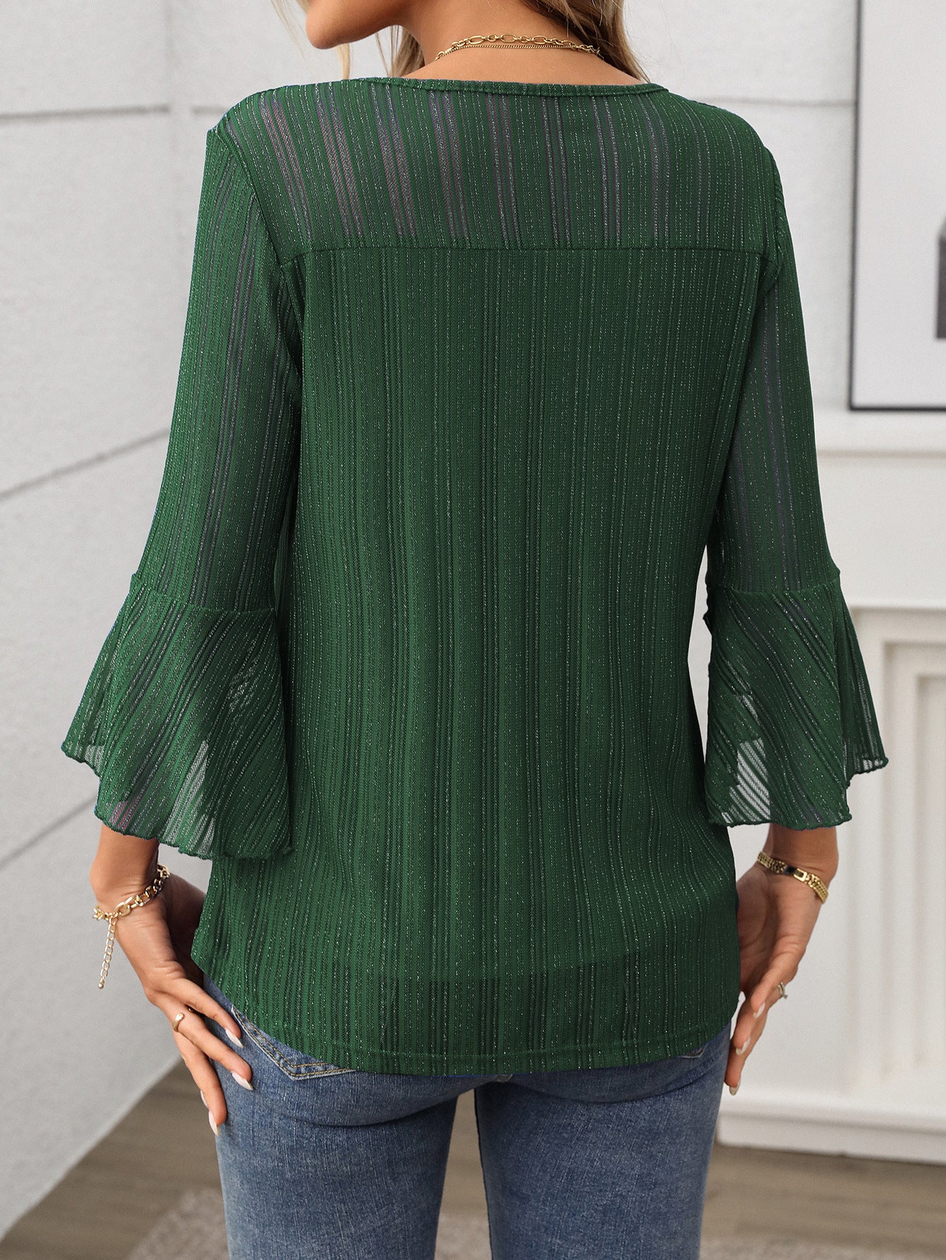 Women Clothing Elegant round Neck Ruffle Sleeve Shiny Mesh Top