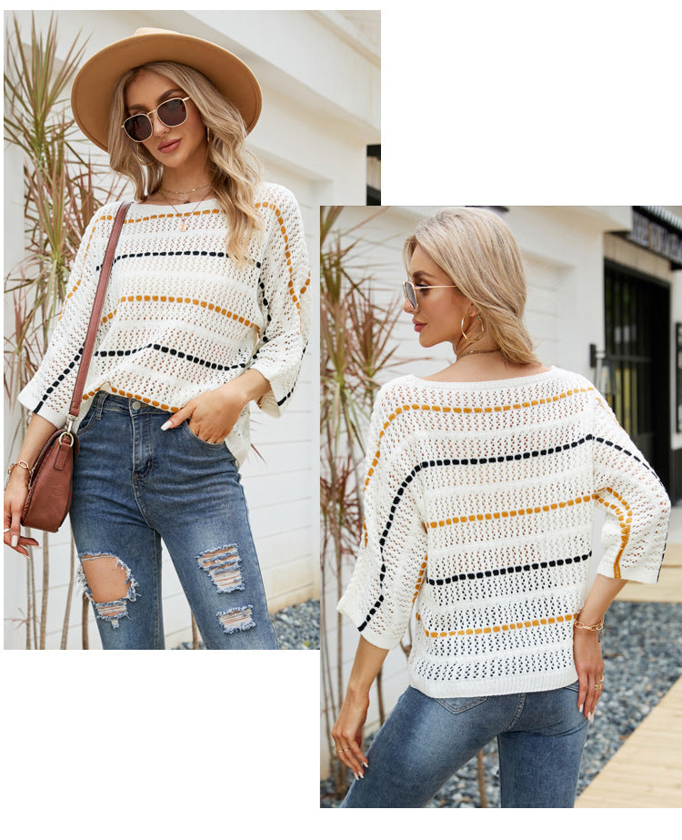 Loose Women Top Striped Knitwear off-Neck Hollow Out Hollow Out Cutout-out Knitted Sweater