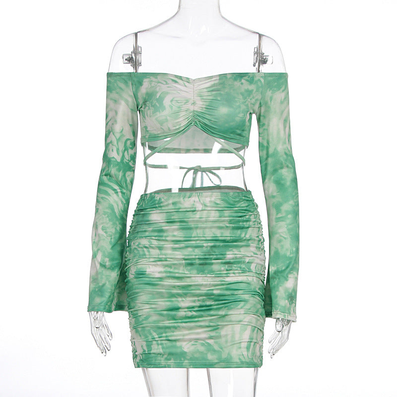 Seaside Holiday Sexy Print off the Neck Long Sleeve Top Sheath Skirt Two Piece Sets