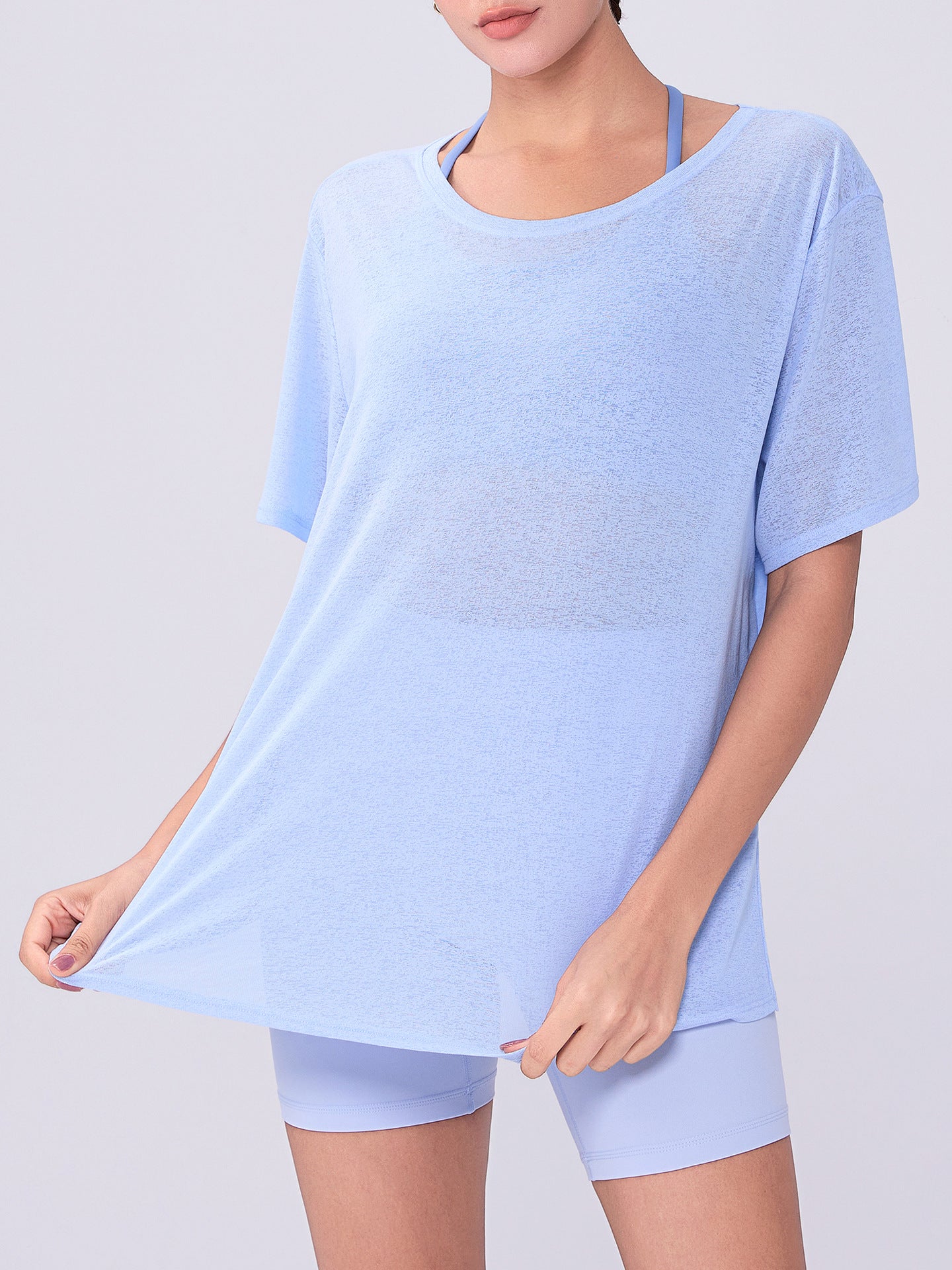 Summer Bunchy Yarn Women Hollow Out Cutout out Beauty Back Loose Yoga Blouse Breathable Lightweight plus Size T shirt Casual Sports Short Sleeve