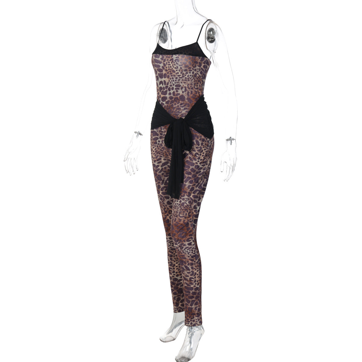 Women Clothing Winter Leopard Print Printed Mesh Lace up Slim Strap Jumpsuit Women