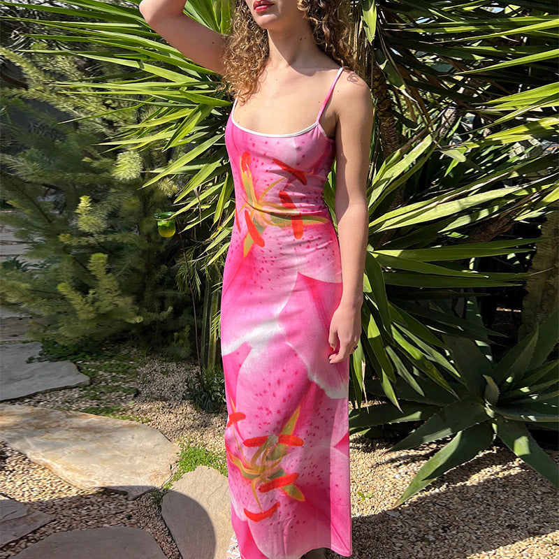 Summer Women Clothing Printing Slip Dress Fresh Sweet Cinched Slimming Slim Fit Idle Maxi Dress