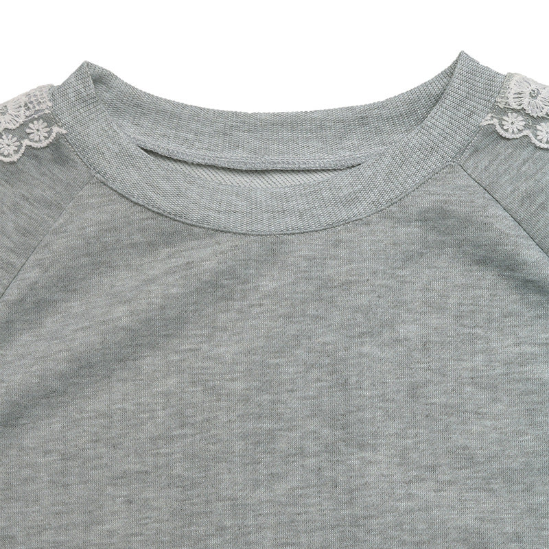 Casual Sweet Top Bow Lace Stitching Gray Long Sleeves Autumn Sweatshirts