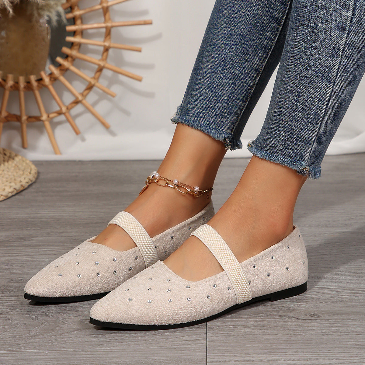 Pointed Toe Rhinestone Low Cut Flat Pumps Women Suede Four Seasons Work Shoes Supply