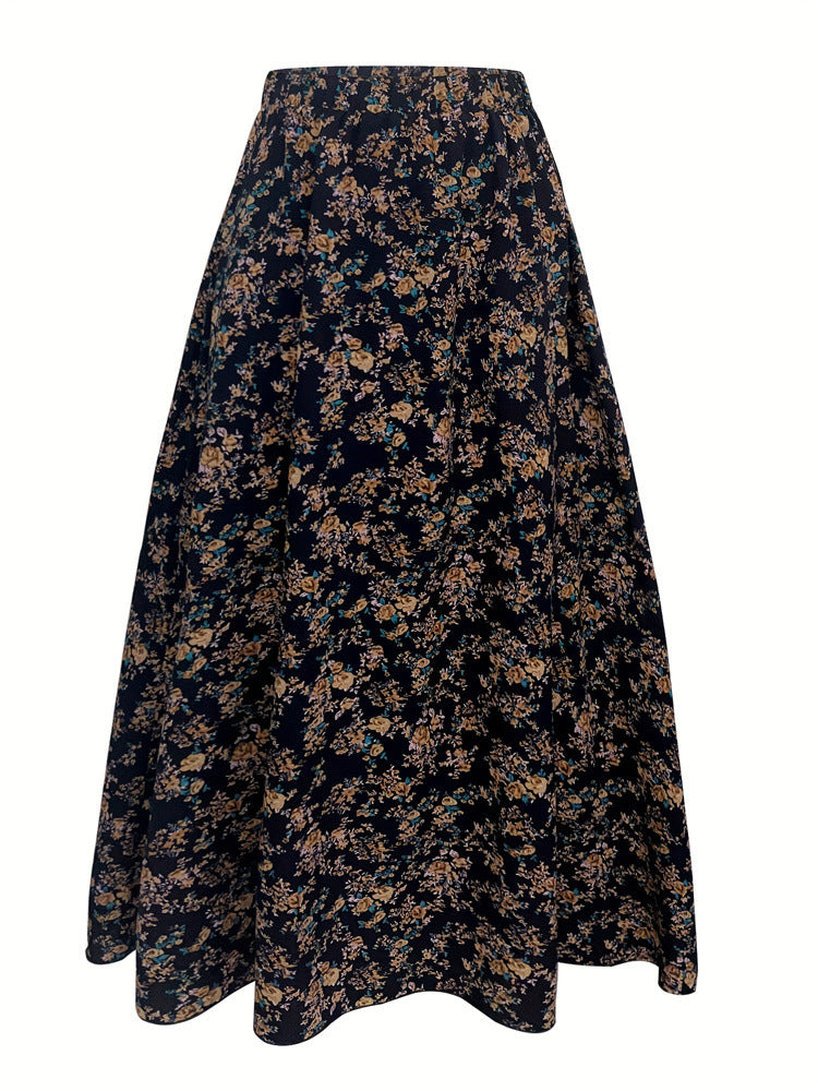 Elastic Waist Print A Line Skirt Women Office Elegant Floral Pleated Skirt Women Clothing Skirts