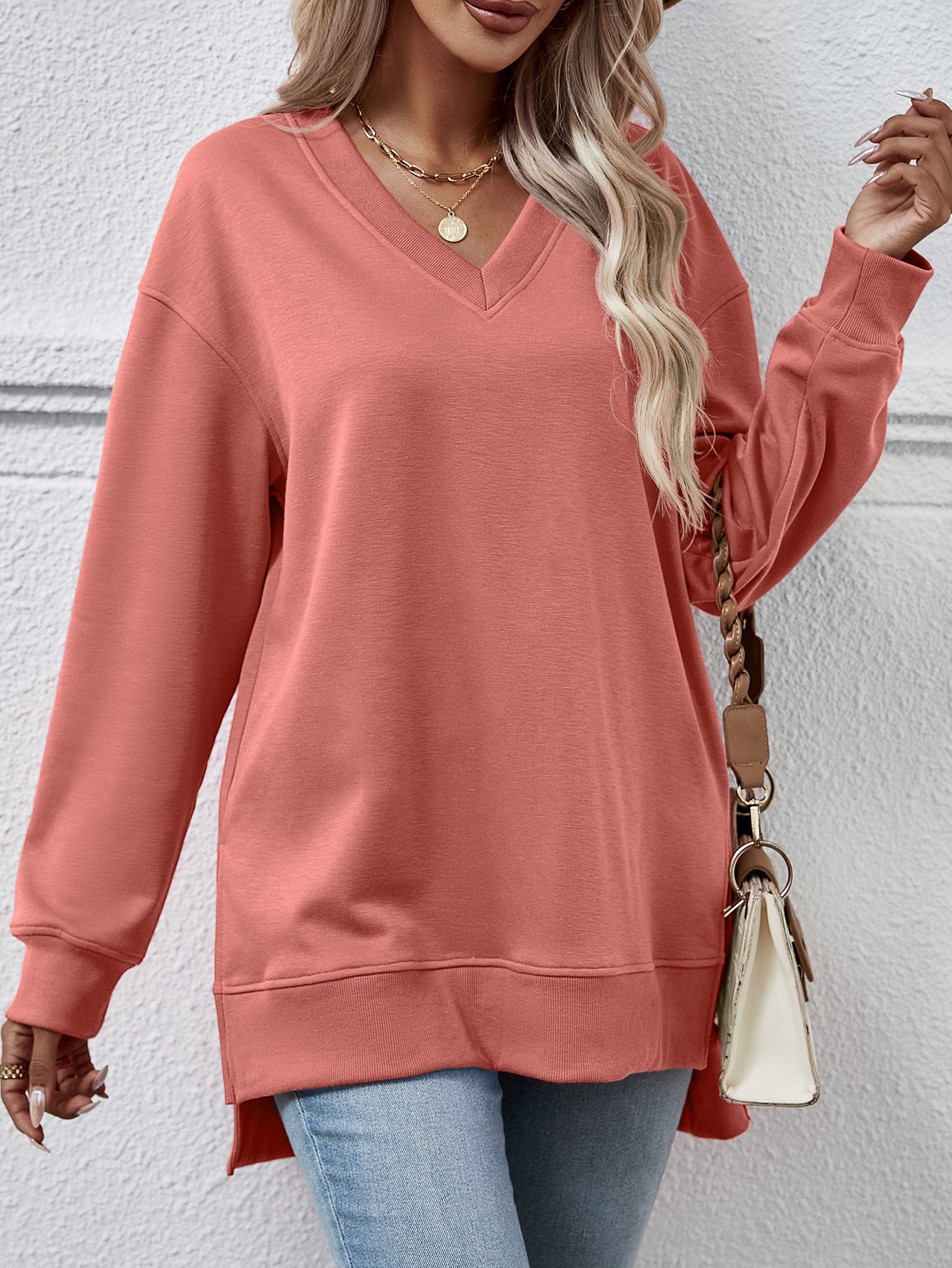 Autumn Winter Women Clothing Sweatshirt Solid Color V Neck Split Front Short Back Long Blouse