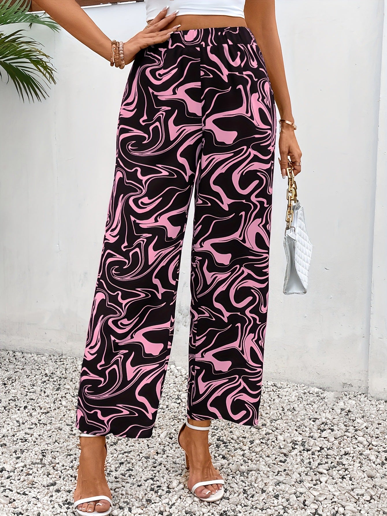 Spring Autumn Elastic High Waist Pants Draping Casual Marble Print Straight Leg Trousers Women