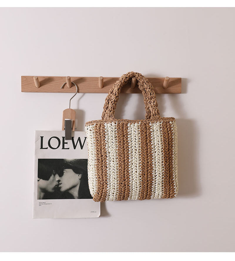 Vertical Stripes French Straw Bag Portable Contrast Color Straw Bag Woven Bag Women's Bag Seaside Vacation Beach Bag