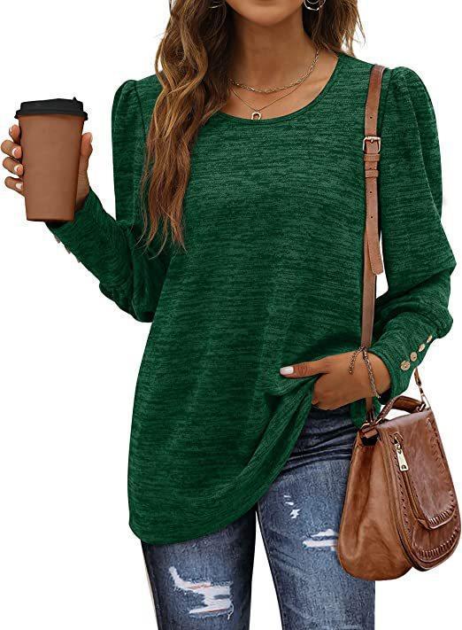 Women Autumn Winter Loose Casual Puff Sleeve Round Neck Long Sleeve T shirt