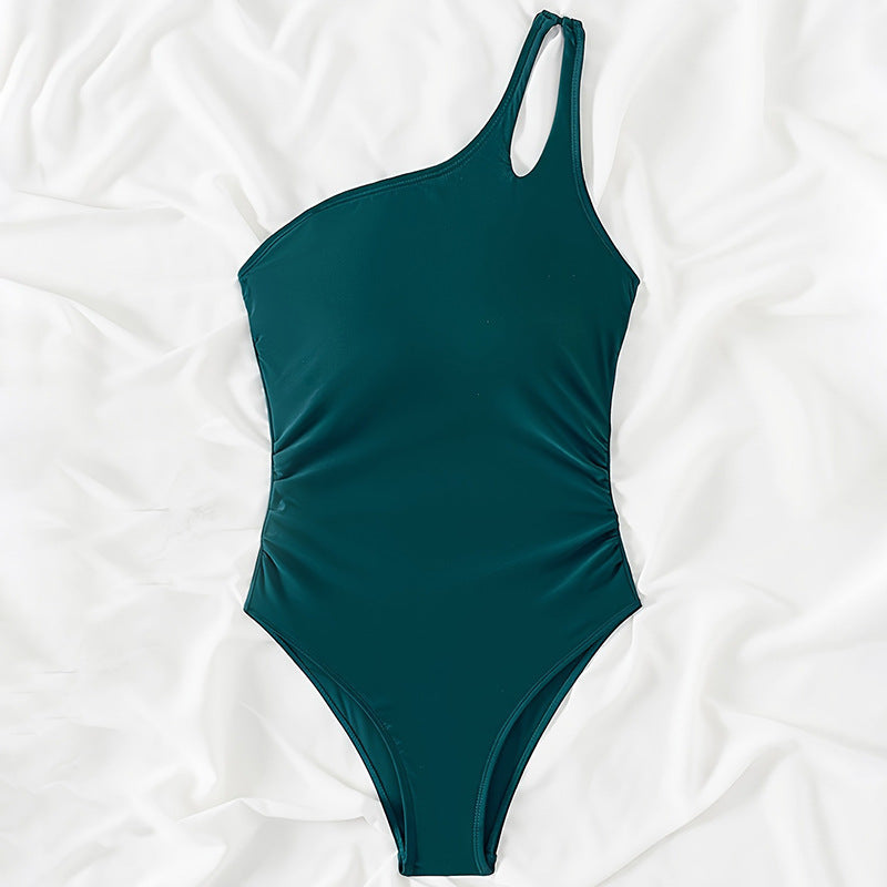 Solid Color Single Shoulder One Piece Swimming Suit Women Conservative Skinny Slimming Swimsuit Spring Beach Bikini