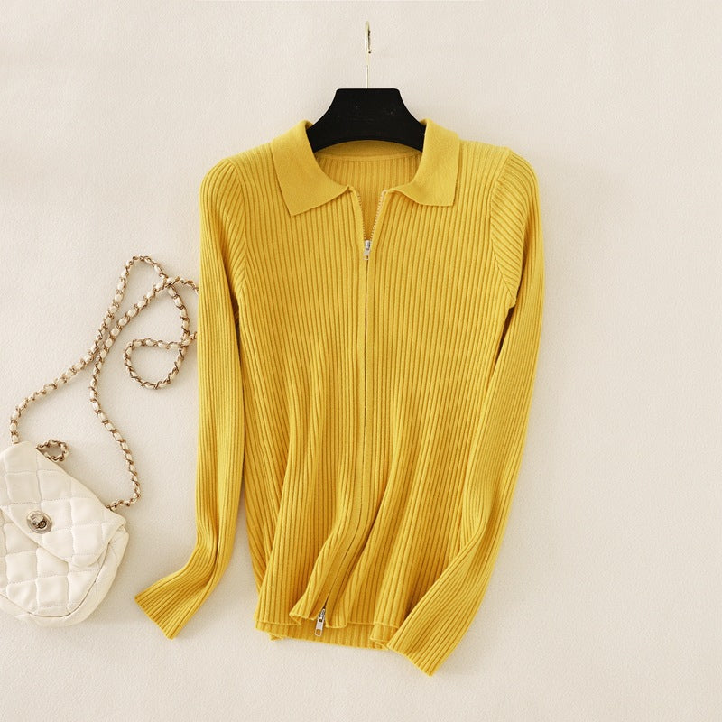 Knitted Bottoming Solid Color Slim Fit Top Long Sleeve Polo Collar Women Short Sweater Autumn Winter Cardigan