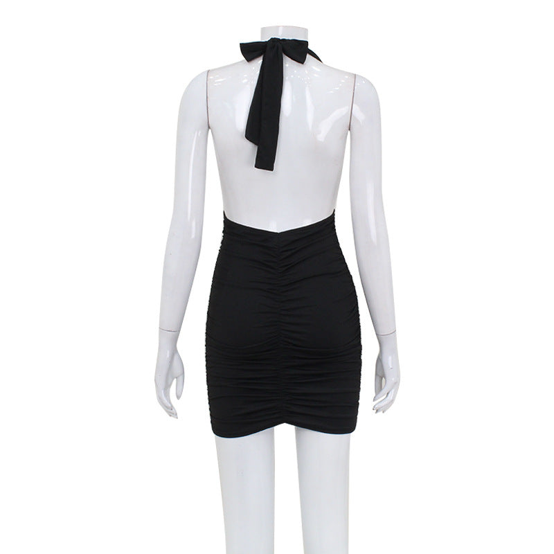 Women Sexy V neck Halter Backless Dress Elegant Pure Sexy Hip