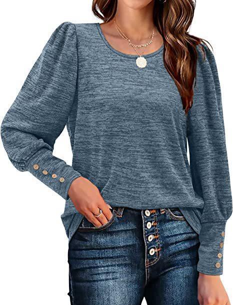 Women Autumn Winter Loose Casual Puff Sleeve Round Neck Long Sleeve T shirt