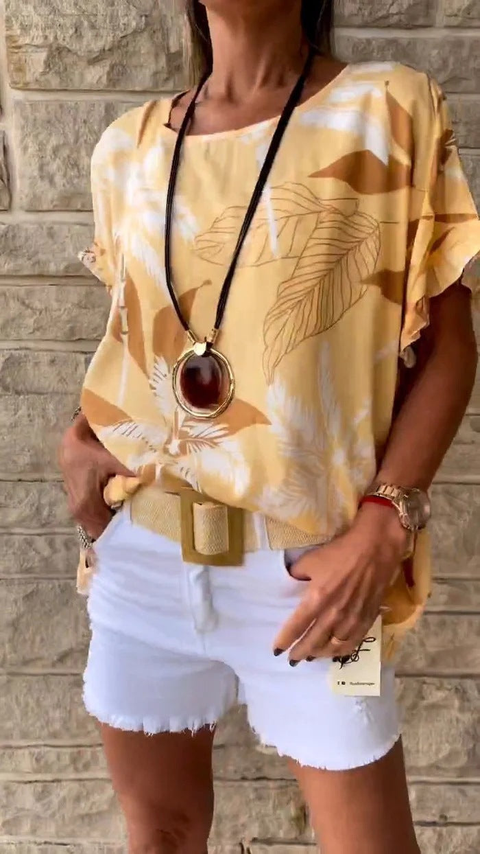 Short Sleeved T shirt Summer Leaf Printed Ruffle Sleeve Short Sleeved T shirt
