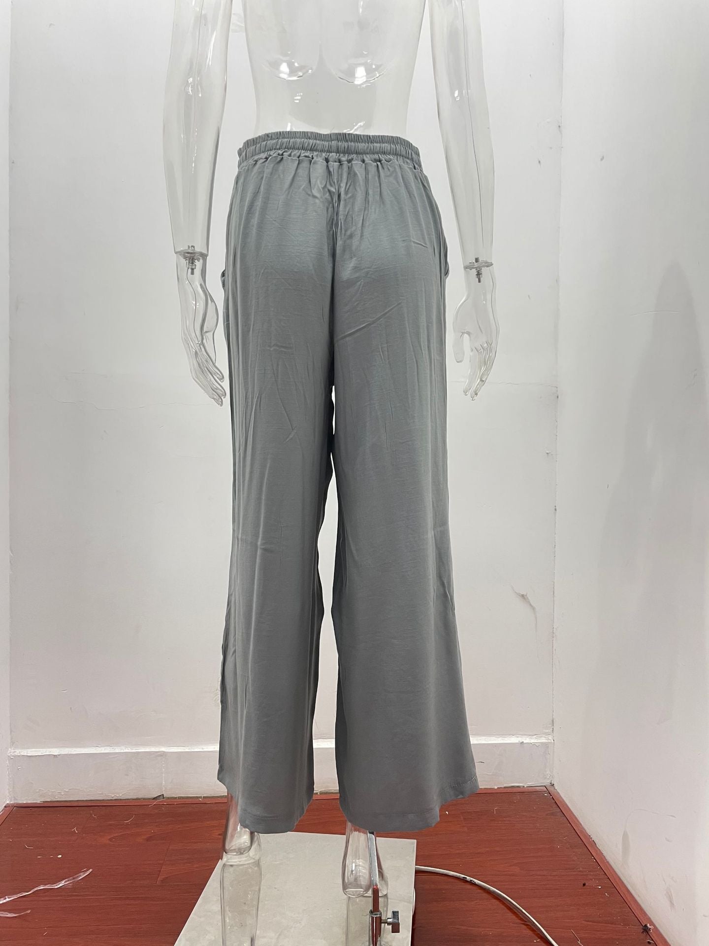 Summer Women High Waist Casual Trousers Solid Color Elastic Waist Lace-up Loose Wide-Leg Pants Women