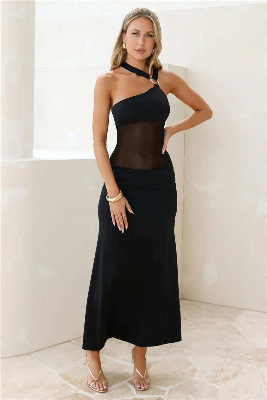 Women Clothing Summer Irregular Asymmetric Shoulder Wrapped Chest Slim Mesh Stitched Backless Niche Dress