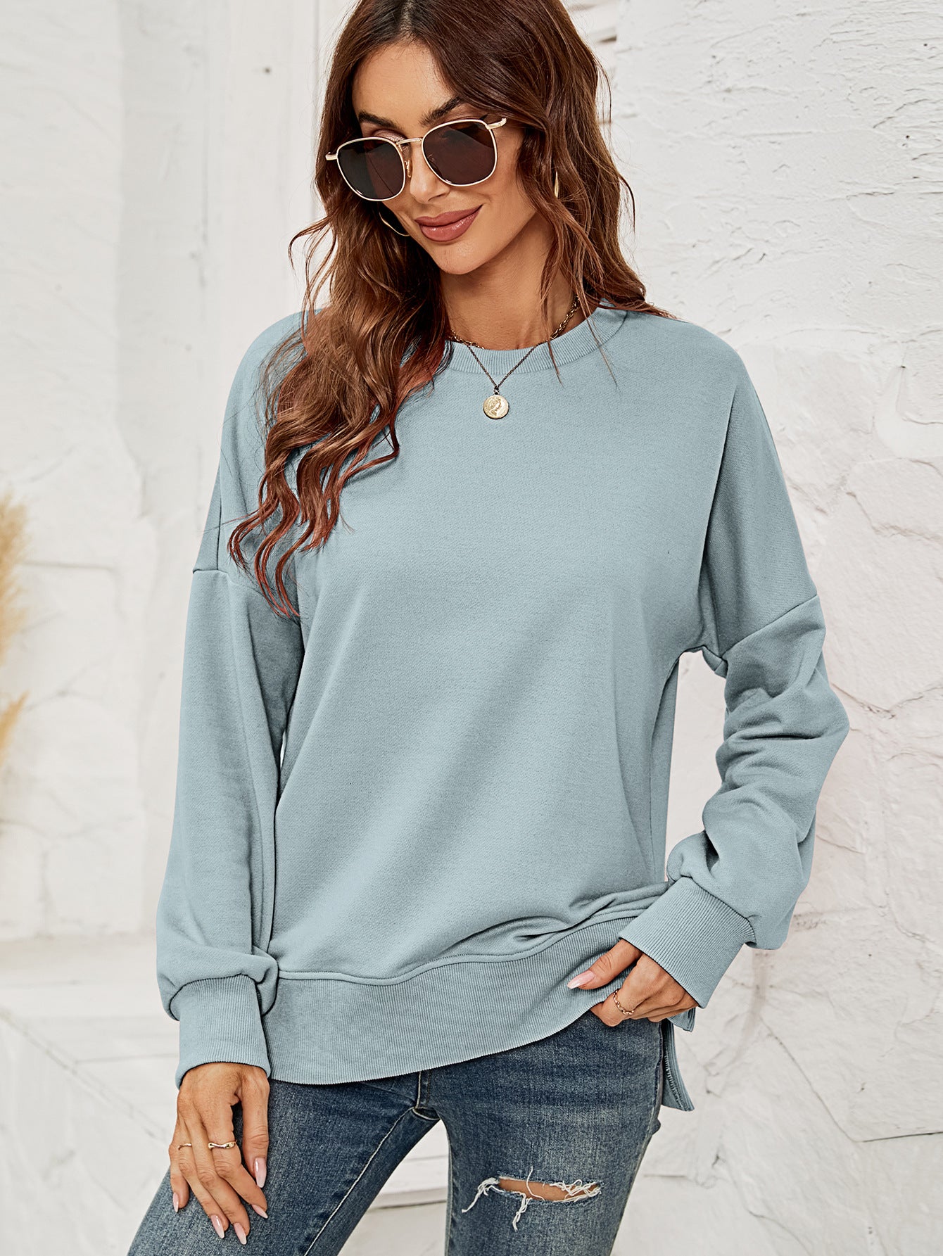 Women Clothing Autumn Winter Sweatshirt round Neck Long Sleeve Split Pullover for Women