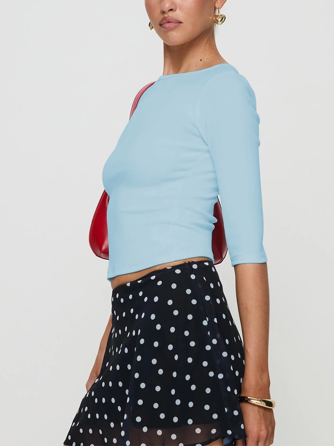 Korean Light Blue Slim Fit Three Quarter Sleeve Spring Summer Solid Color Sweet Crop Top Short Top Women