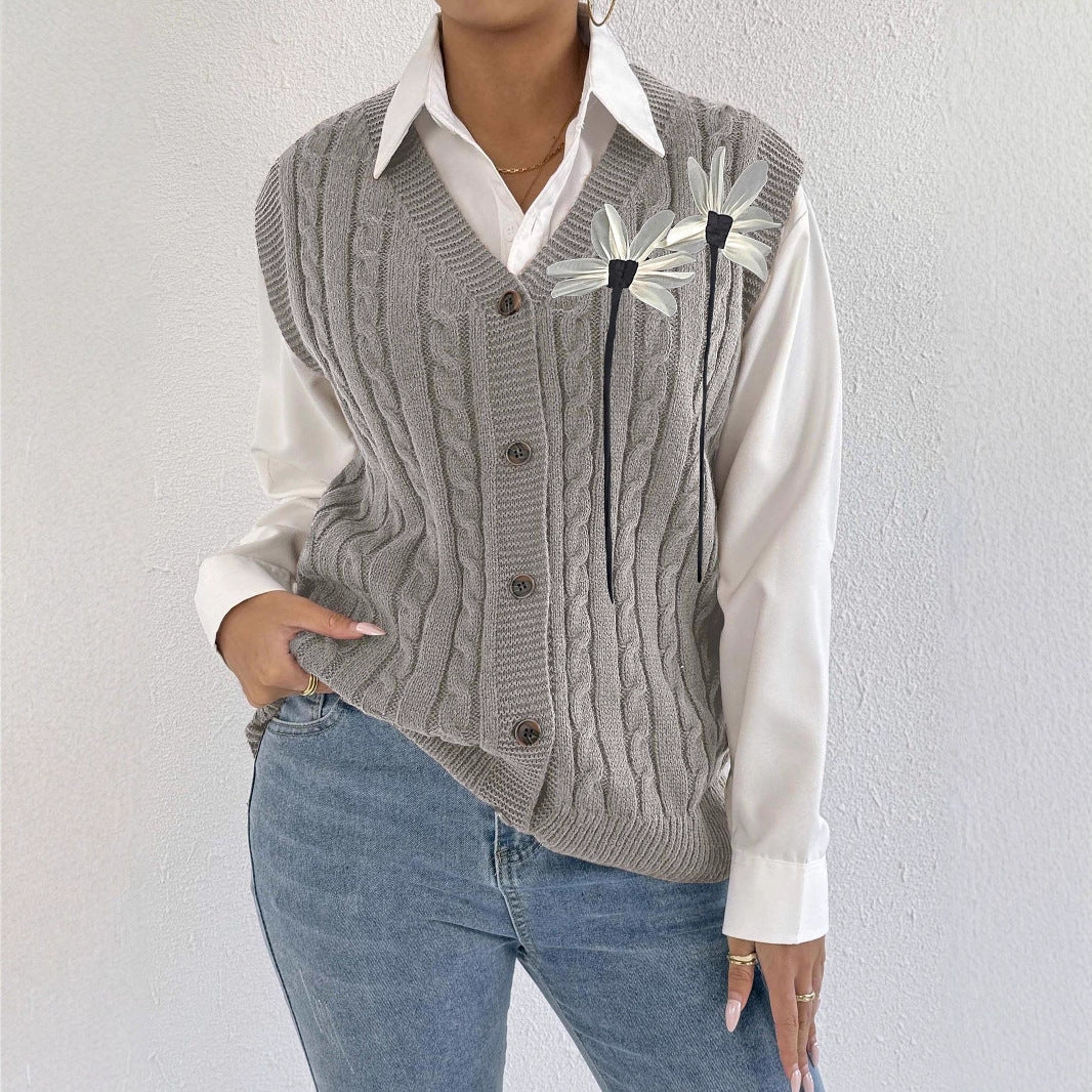 Women Knitted Cardigan Autumn Winter Women Clothing Casual Outerwear Vest Twist Woven Sweater Three Dimensional Floral Stitching Vest