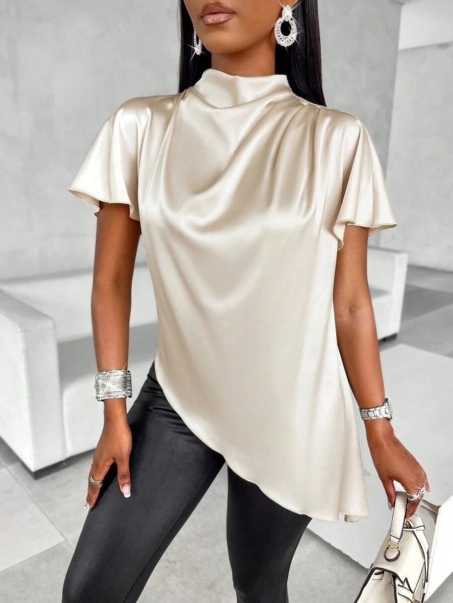 Satin Shirt Autumn Winter Batwing Sleeve Asymmetric Hem Shirt Top