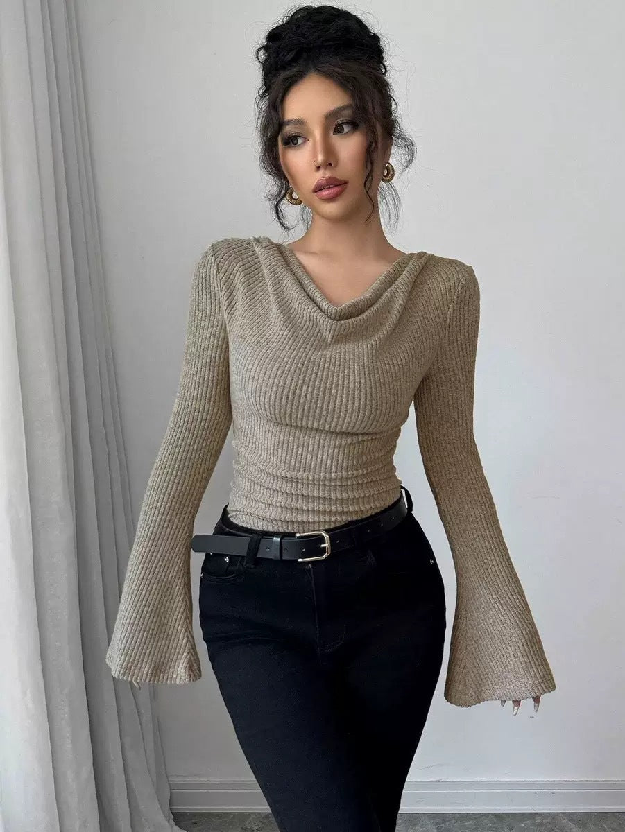 Autumn Winter Women Clothing Ribbing Bottoming Sweater off the Shoulder Slim Knitted Long Sleeved Top Office