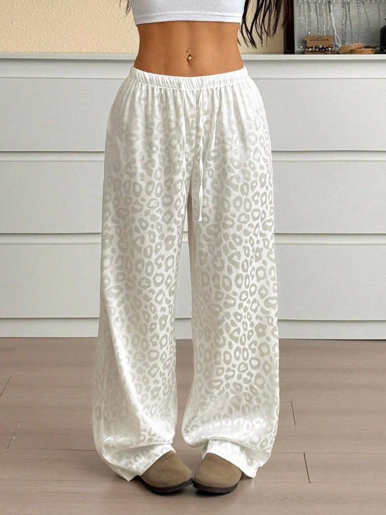 Women Clothing Autumn Satin Casual Pants Drawstring Leopard Print Mop Wide Leg Pants Long Pants